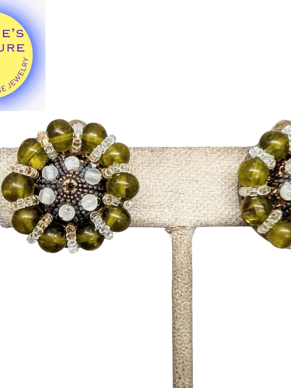 Vintage 1960s Signed Ornella Italy Round Green Beaded Clip Earrings
